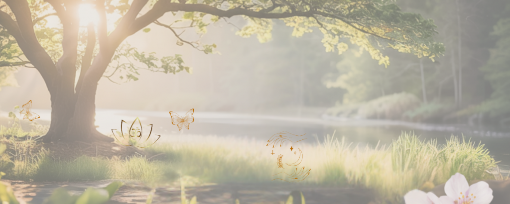 Ruhiger Fluss mit Sonnenlicht und spirituellen Symbolen wie Lotusblüte, OM-Zeichen, schwebender Blüte zwischen Händen, Naturhintergrund mit Bäumen und Schmetterlingen
