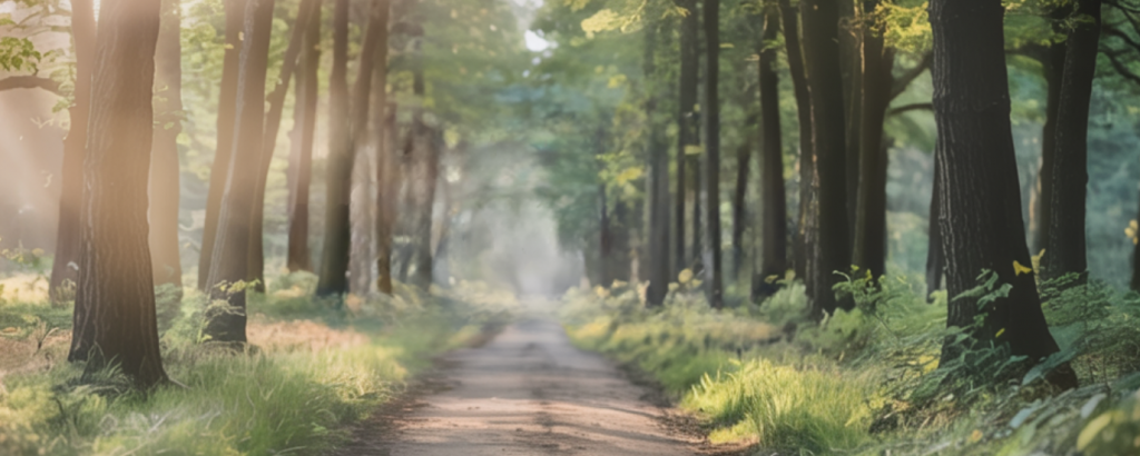 Heller Waldweg mit Bäumen und Sonnenstrahlen – Naturaufnahme mit leichter Morgenstimmung